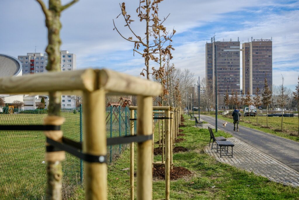 Chodník pri Farskom kostole Svätej rodiny v Petržalke