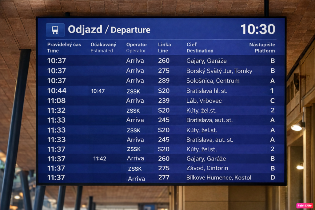 Informačná tabuľka odchodov vlakov a autobusov. Ilustračné foto: Bratislavský kraj